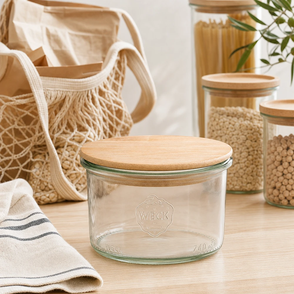 200ml Sturzglas WECK RR80 mit Holzdeckel WECK Einmachglas 200ml mit Bambus-Deckel in nachhaltiger Zero-Waste Küche neben Vorratsgläsern und Jutebeutel