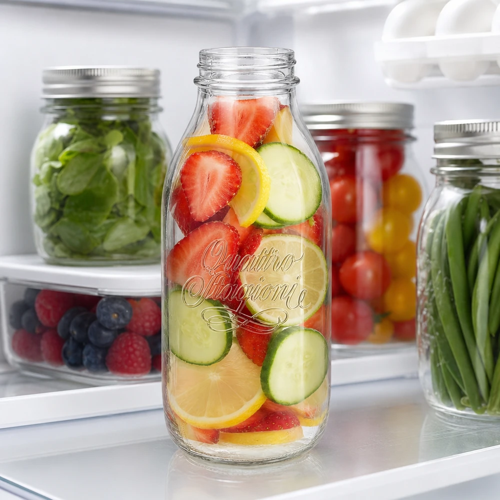 1000ml Glasflasche "Quattro Stagioni" QS56mm 1000ml Weithalsflasche Quattro Stagioni mit Obst und Gemüse im Kühlschrank für frische Aufbewahrung und Meal Prep