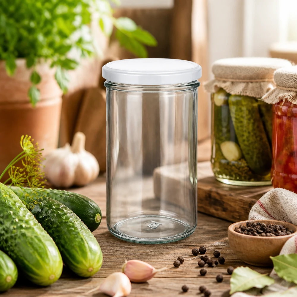 277ml Sturzglas mit BasicSeal Deckel weiß UNiTWIST Sturzglas 277ml in rustikaler Küche mit frischen Gurken und Gewürzen - perfekt zum Einkochen und Konservieren