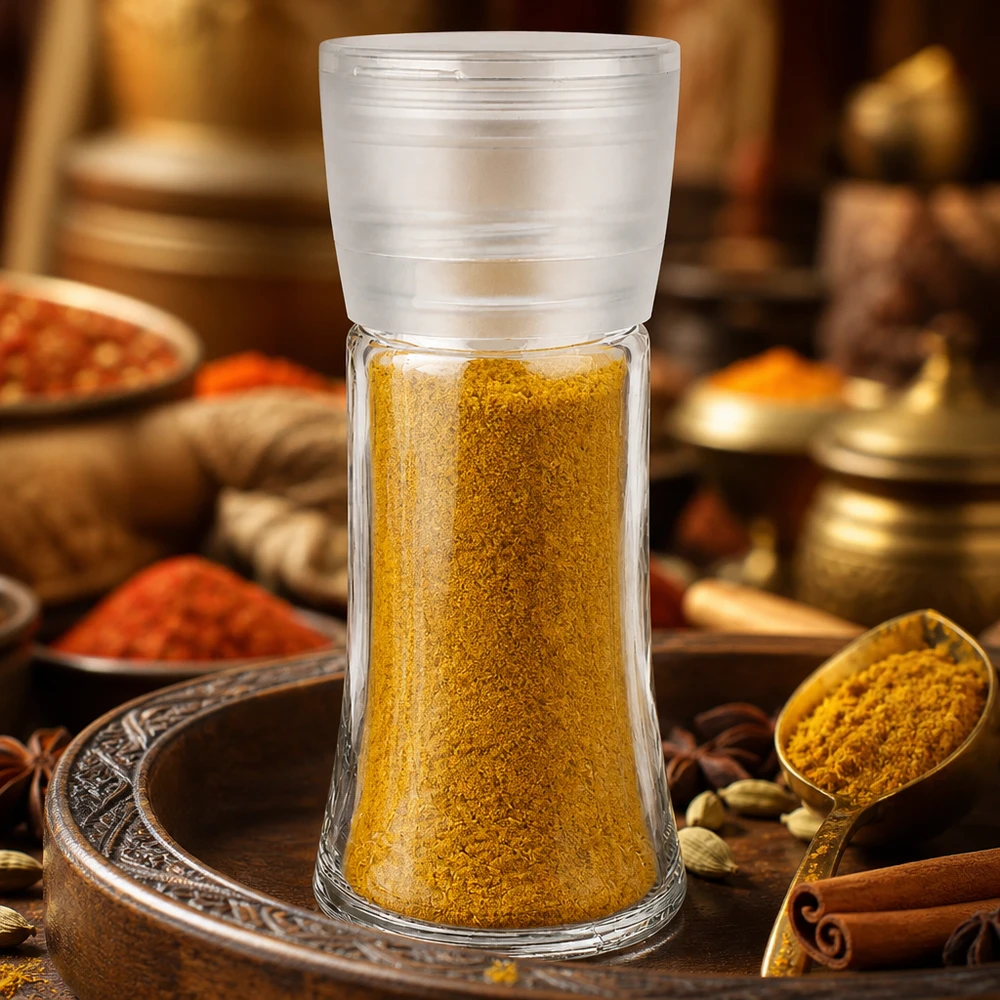 Salz-/Gewürzglas 95ml mit Mühle Vario weiss Klares Glasgefäss 95ml mit Kunststoffmühle weiss befüllt mit goldfarbenem Gewürzpulver