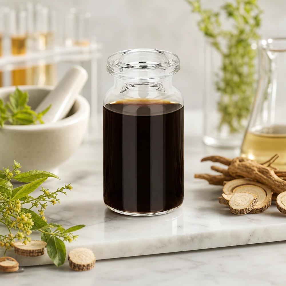 Injektionsflasche Klarglas 5ml Injektionsflasche 5ml Klarglas mit Kräuterextrakt neben getrockneten Wurzeln und Heilpflanzen
