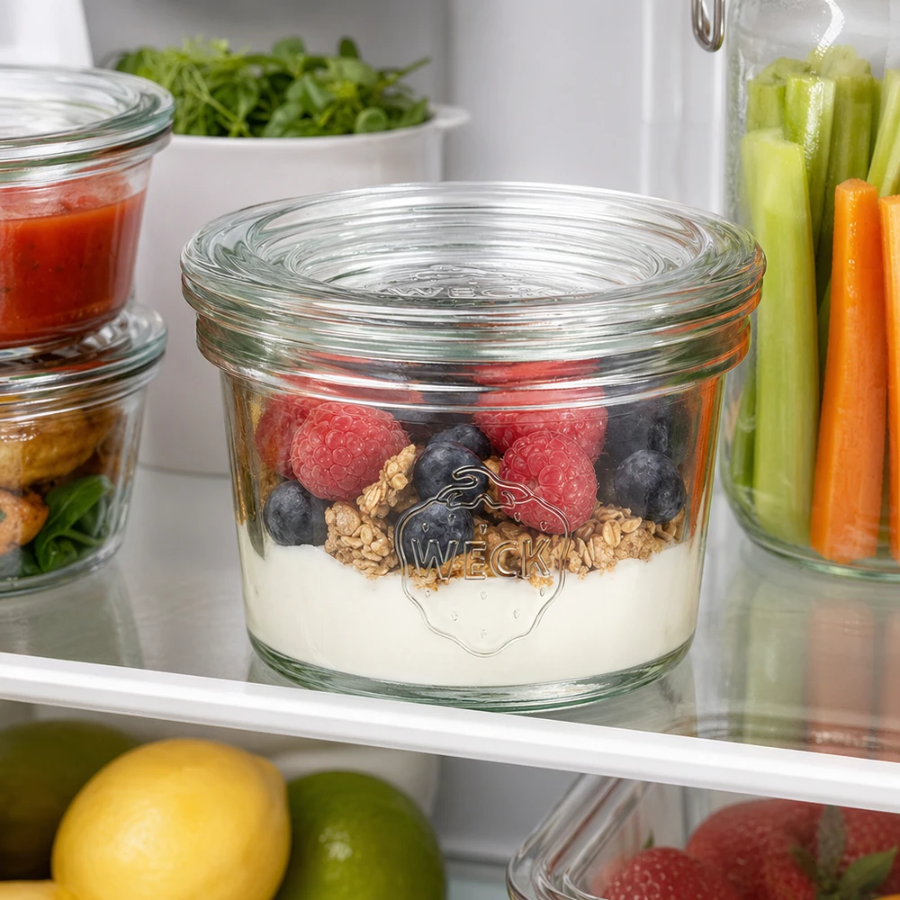 35ml WECK Sturzglas RR40 mit Joghurt Beeren und Nüssen im Kühlschrank neben Gemüsesticks und Kräutern