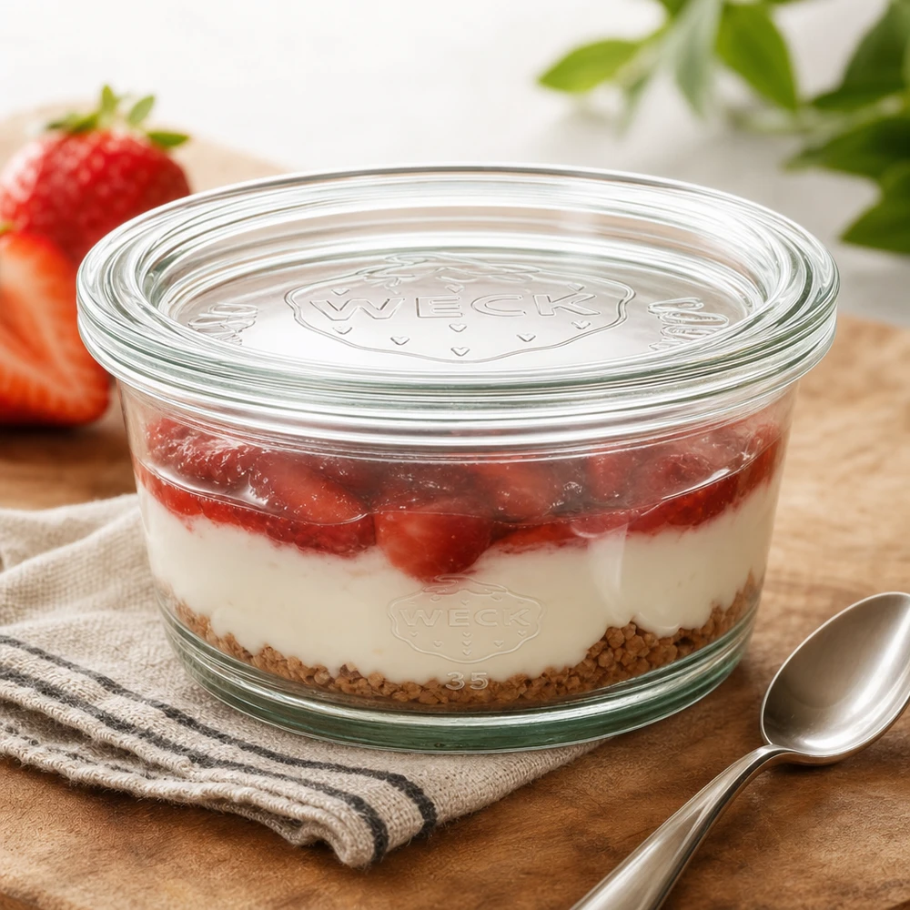 WECK RR120 Gourmetglas 450ml gefüllt mit Erdbeer-Schichtdessert auf Holztisch mit Löffel und frischen Erdbeeren