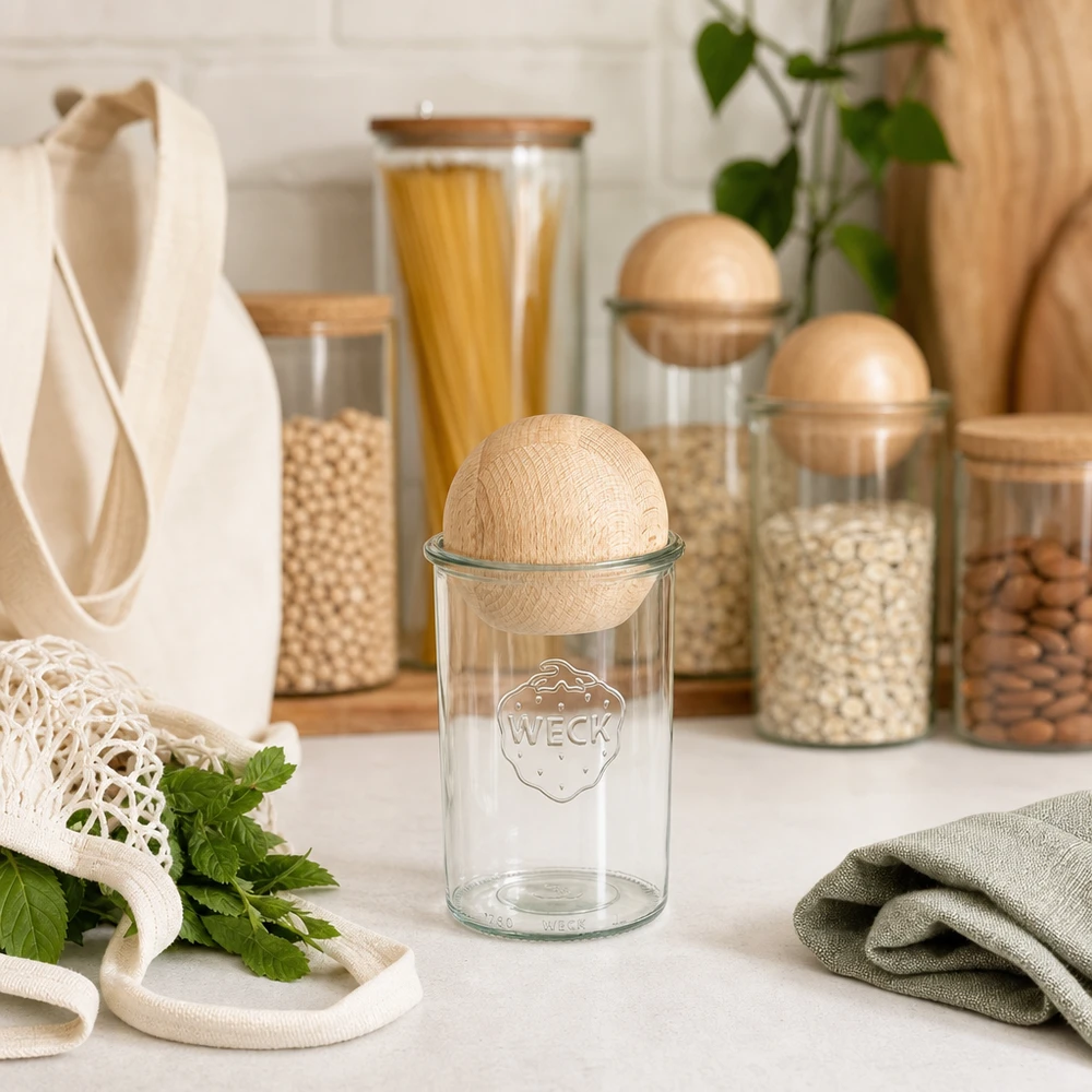 WECK Sturzglas 1000ml RR100 mit Holzkugel-Deckel in stylischer Zero-Waste-Küche neben nachhaltigen Vorratsgläsern