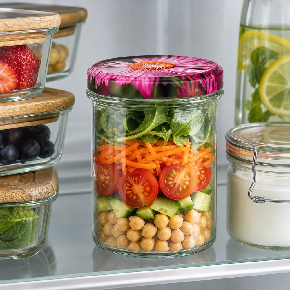 350ml Sturzglas + BasicSeal Deckel Blüten-Dekor UN Sturzglas 350ml mit Blüten-Deckel gefüllt mit Salat Chickpeas Tomaten Gurken als Meal Prep im Kühlschrank