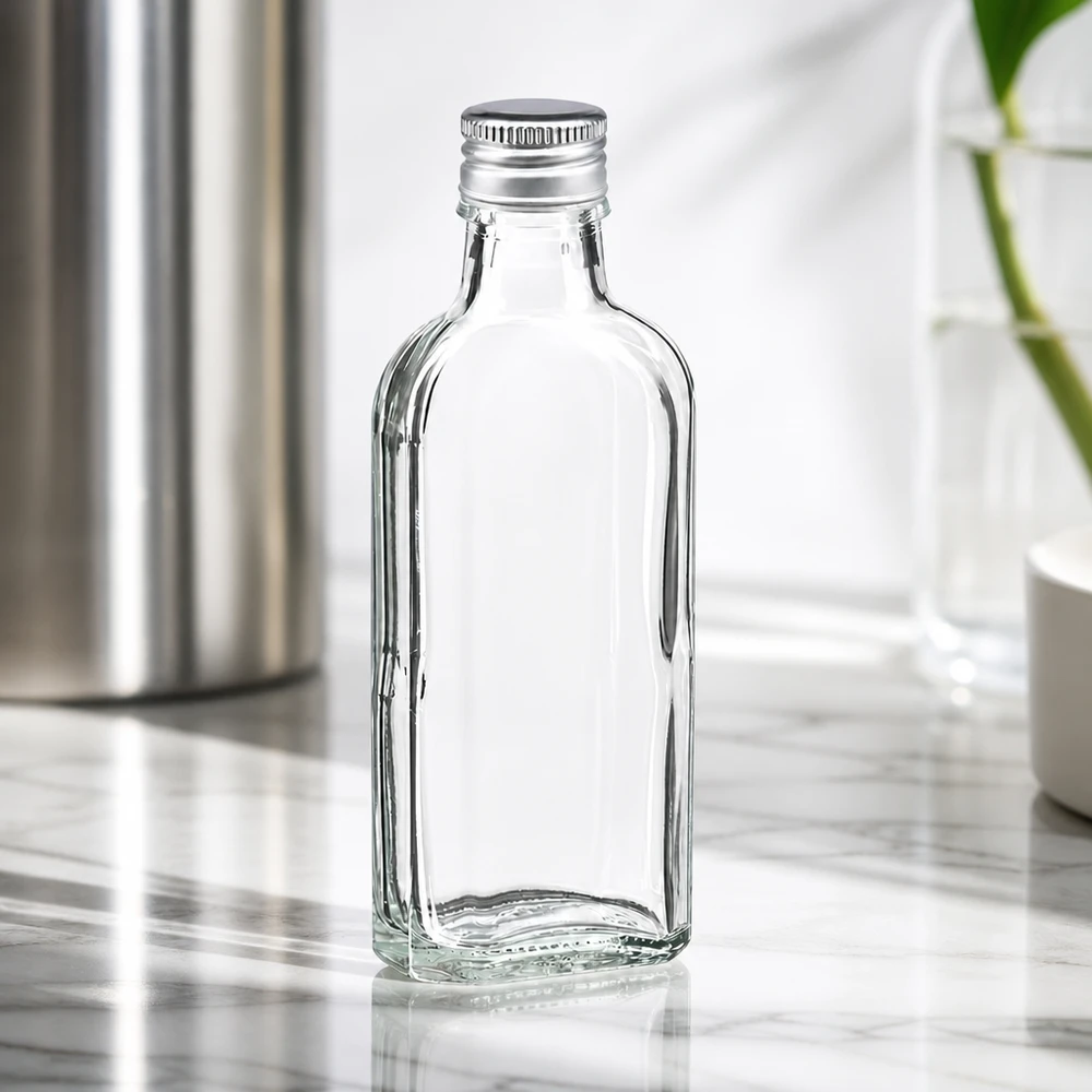 Leere 100ml Meplat Flasche klar eckige Form mit Alu Schraubverschluss silber PP22