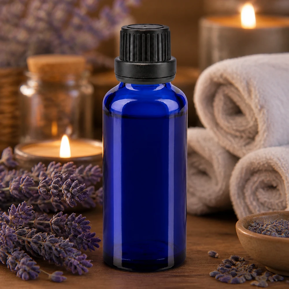 Kobaltblaue Apothekerflasche 30ml mit schwarzer Originalitätsverschluss-Kappe 11mm