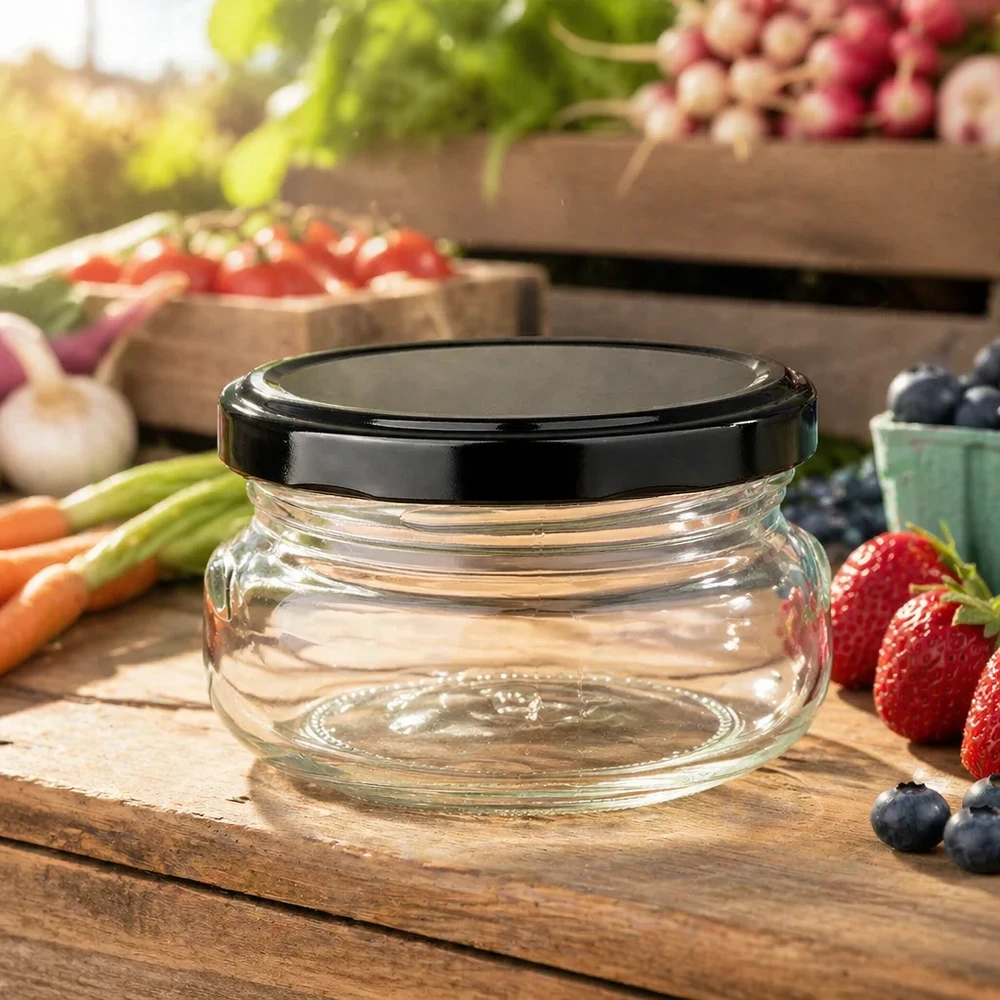 120ml Terrinenglas + BasicSeal Deckel schwarz UNiTWIST 120ml Terrinenglas leer auf Holzbrett mit frischen Beeren und Gemüse, schwarzer Deckel, natürliches Ambiente