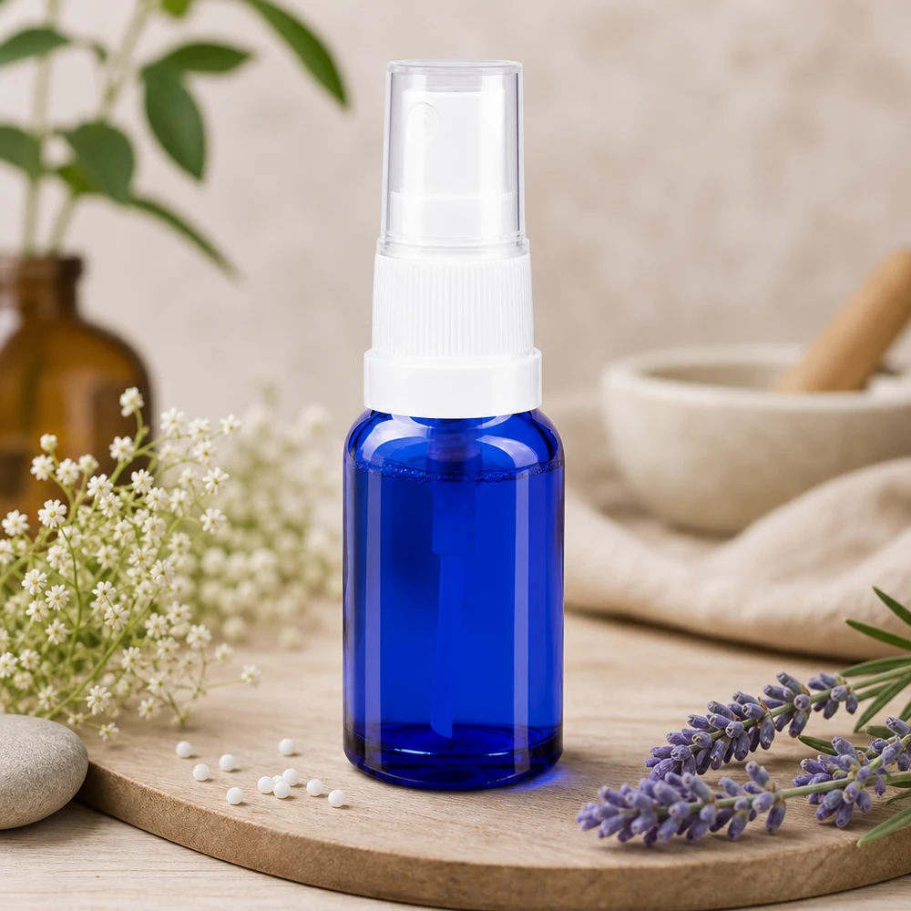 Kompakte Glassprayflasche in Blau mit weißem Zerstäuber umgeben von Lavendel und Natursteinen