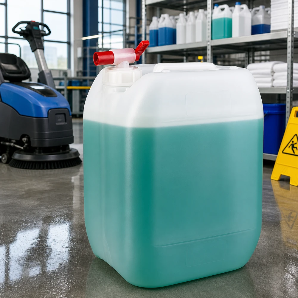 Kanister 10 Liter mit Auslaufhahn Befüllter Kunststoffkanister 10L mit Zapfhahn neben blauer Scheuersaugmaschine in Halle