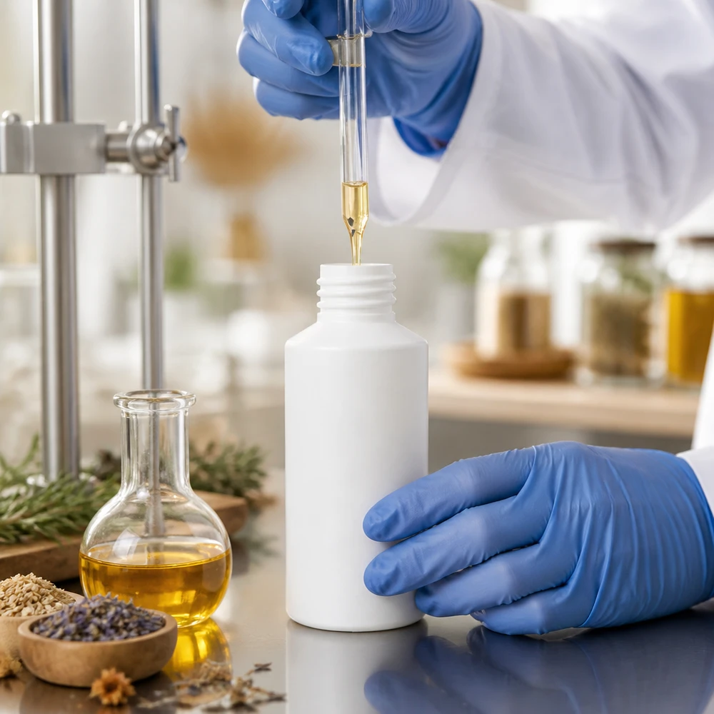 Apothekenflasche HDPE 50ml weiß, ohne Verschluss Befüllung einer weißen 50ml HDPE Apothekenflasche ohne Verschluss mit Naturextrakt