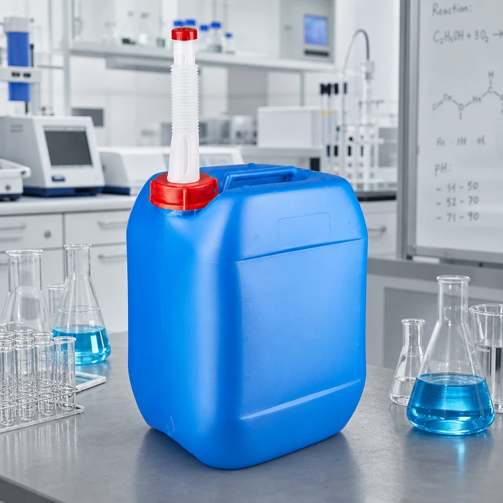 Rechteckiger Blaukanister 10 Liter mit biegsamem Ausgießer und roter Verschlusskappe