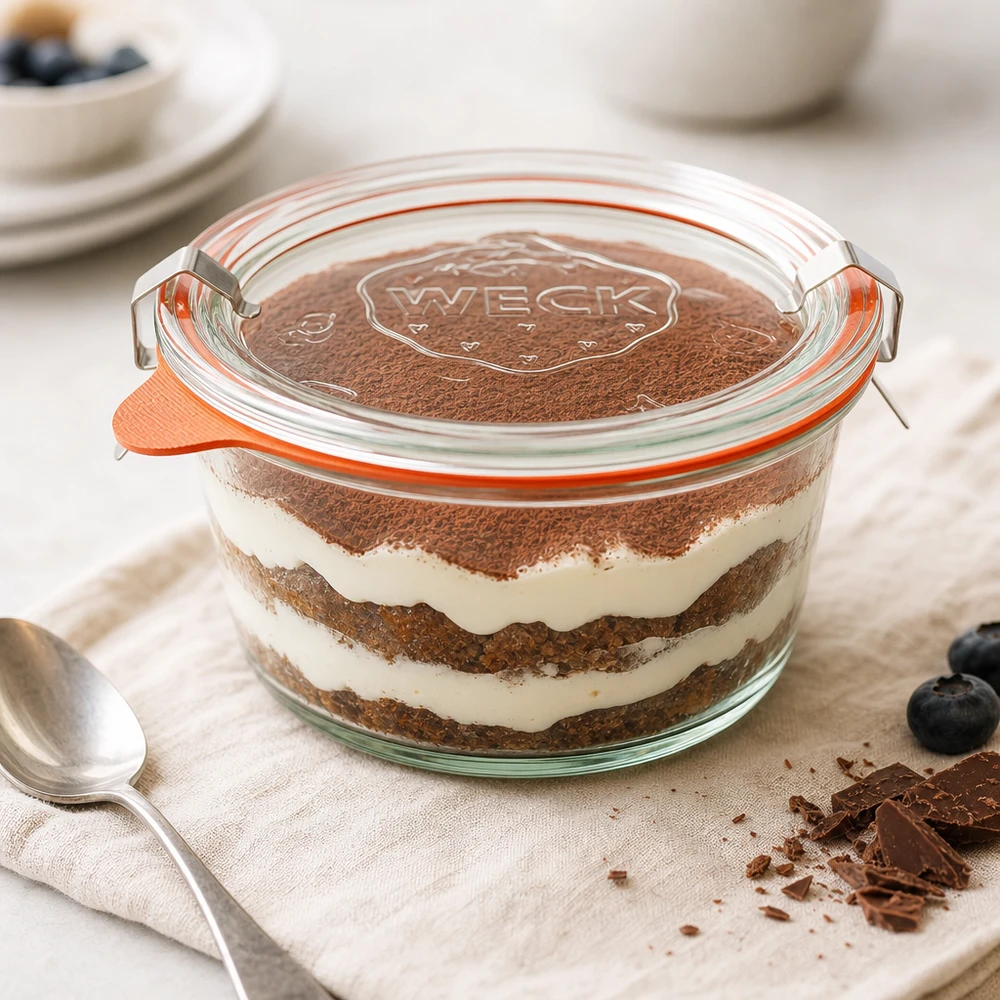 WECK Gourmetglas 450ml RR120 gefüllt mit Tiramisu-Dessert zeigt praktische Verwendung für Desserts und Nachspeisen