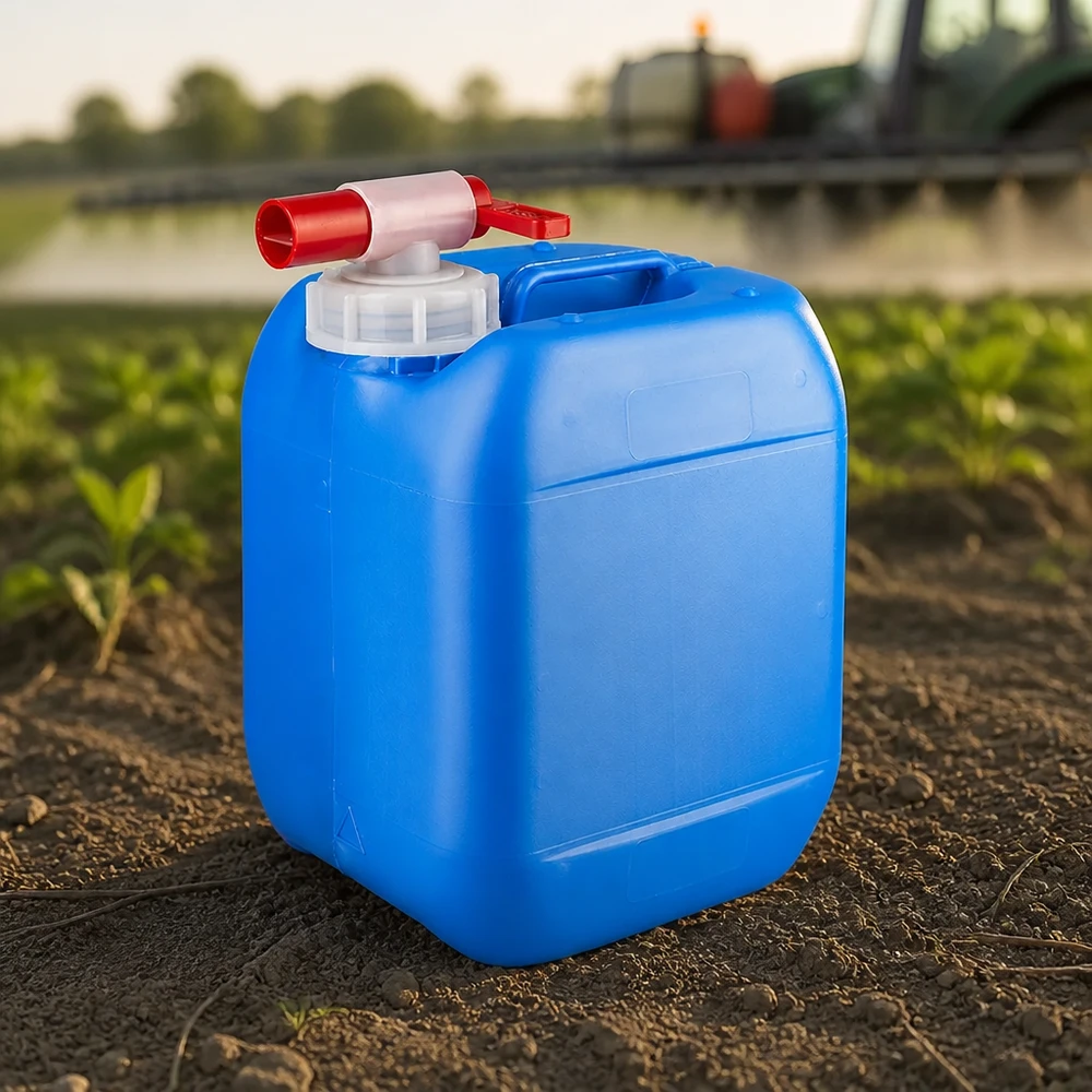 Kanister 5 Liter blau mit Auslaufhahn Kompakter Feldkanister 5L blau mit rotem Zapfhahn für Pflanzenschutzmittel im Agrarbereich