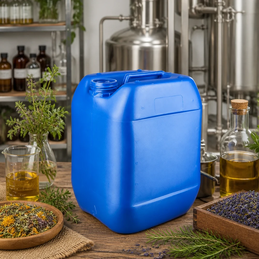 Leerer blauer Kunststoffkanister 10 Liter ohne Deckel neben Lavendel und Heilkräutern