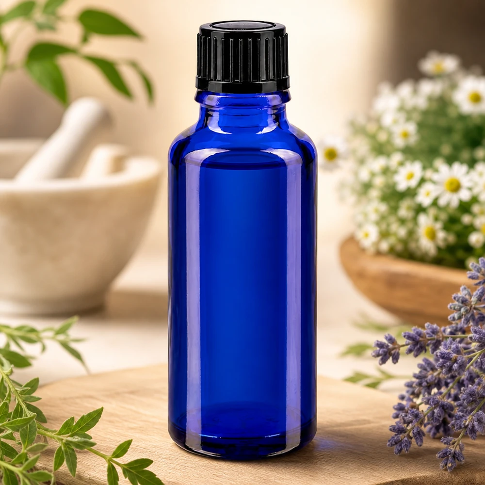 Apothekenflasche blau 30ml Schraubverschluss schwarz Standard Kobaltblaue Apothekerflasche 30ml mit Schraubverschluss auf Holzbrett mit Lavendel