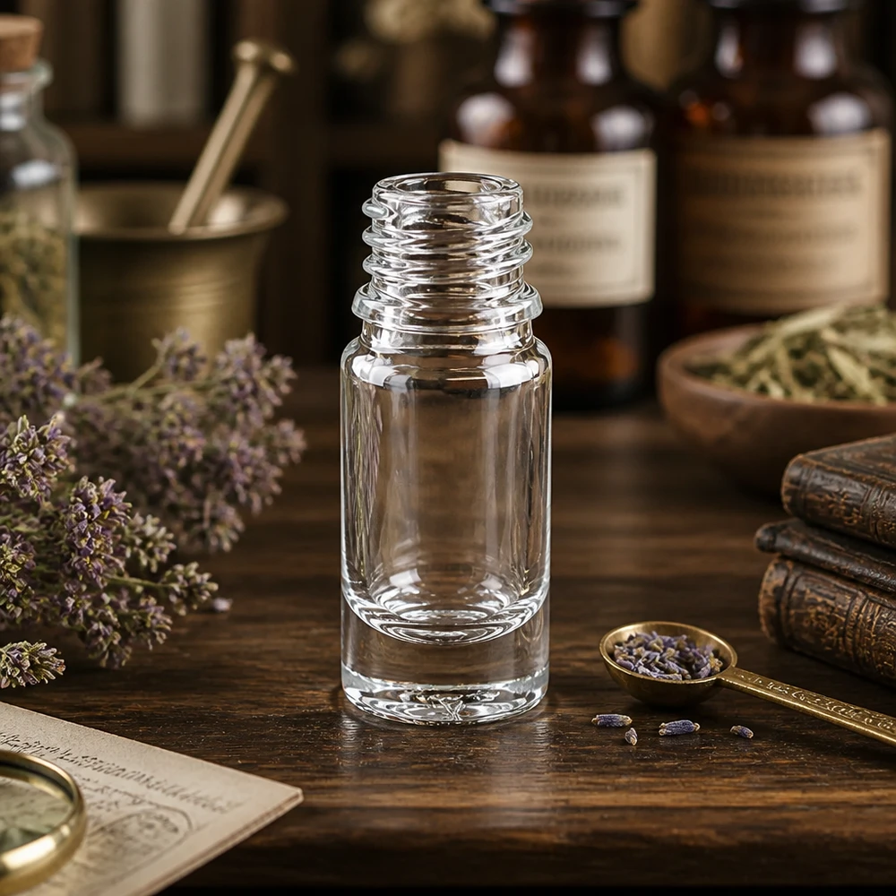 Klarglas Flasche 5ml DIN 18 Traditionelle 5ml Apothekerflasche ApoGlas im vintage Ambiente mit Lavendel und alten Büchern