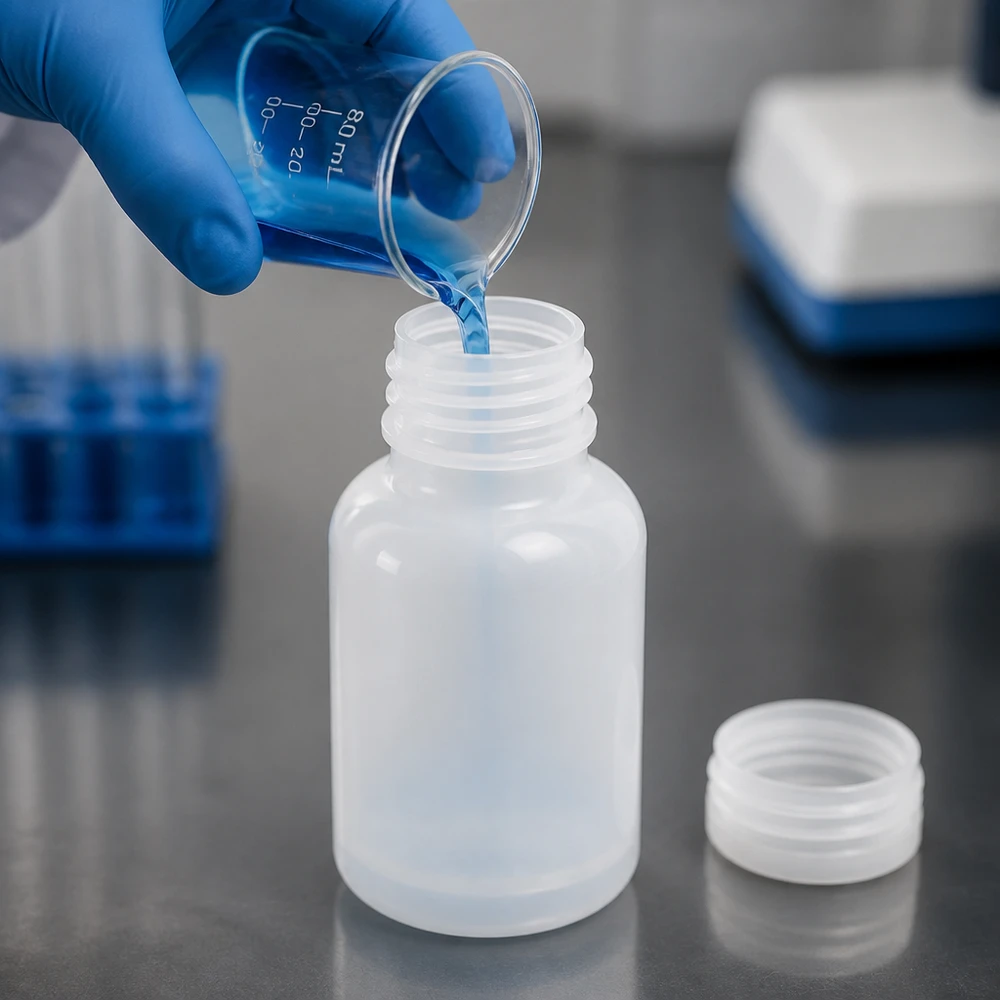 100ml Weithalsflasche neben abgenommenem Schraubdeckel auf grauer Laborarbeitsfläche
