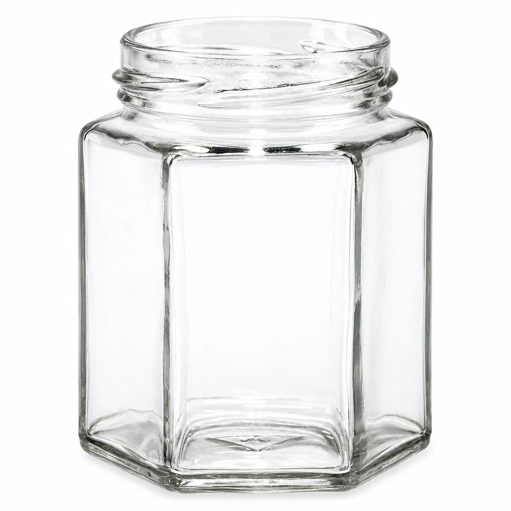 Sechseckiges Schraubglas 196ml TO82 Gewinde transparent leer ohne Deckel für Marmelade und Honig