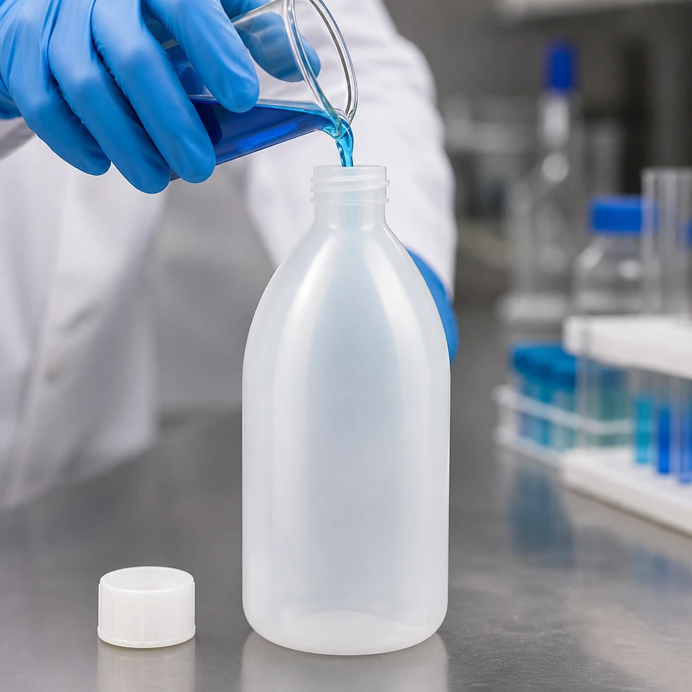 1000ml Schraubflasche, Enghals Laborflasche Semitransparente 1000ml Enghals Laborflasche mit seitlich liegendem weißem Verschlussdeckel