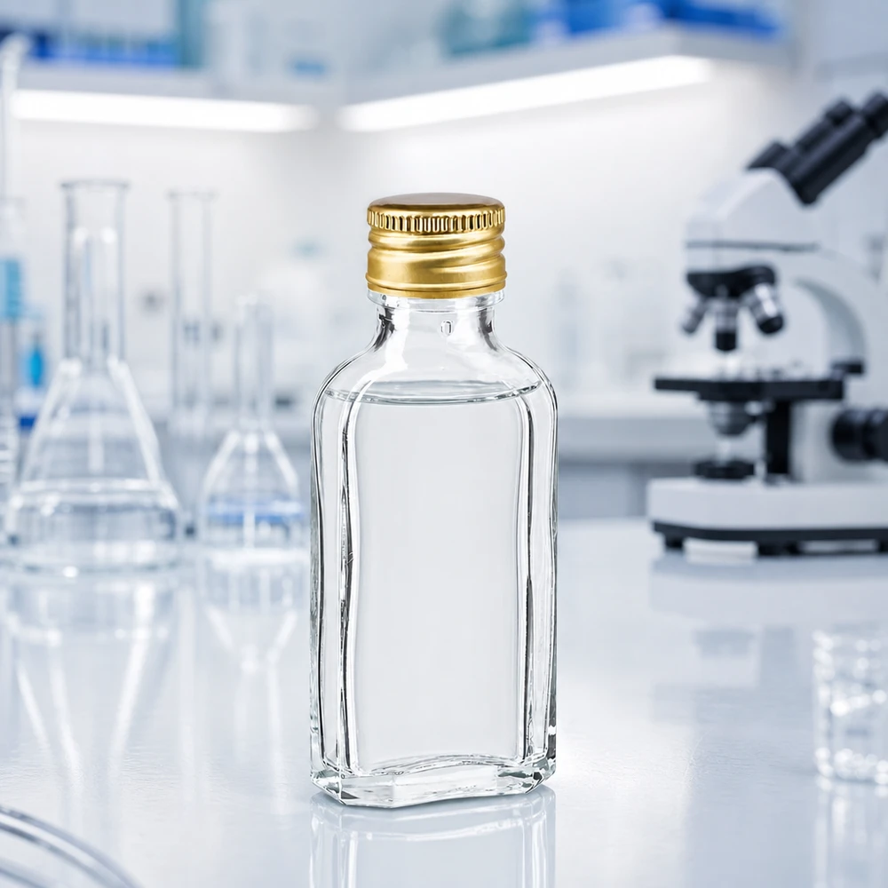 50 ml Meplat klar mit Alu Verschluss gold PP22 Transparente Meplat Flasche 50ml rechteckig mit Golddeckel PP22 auf weißem Untergrund