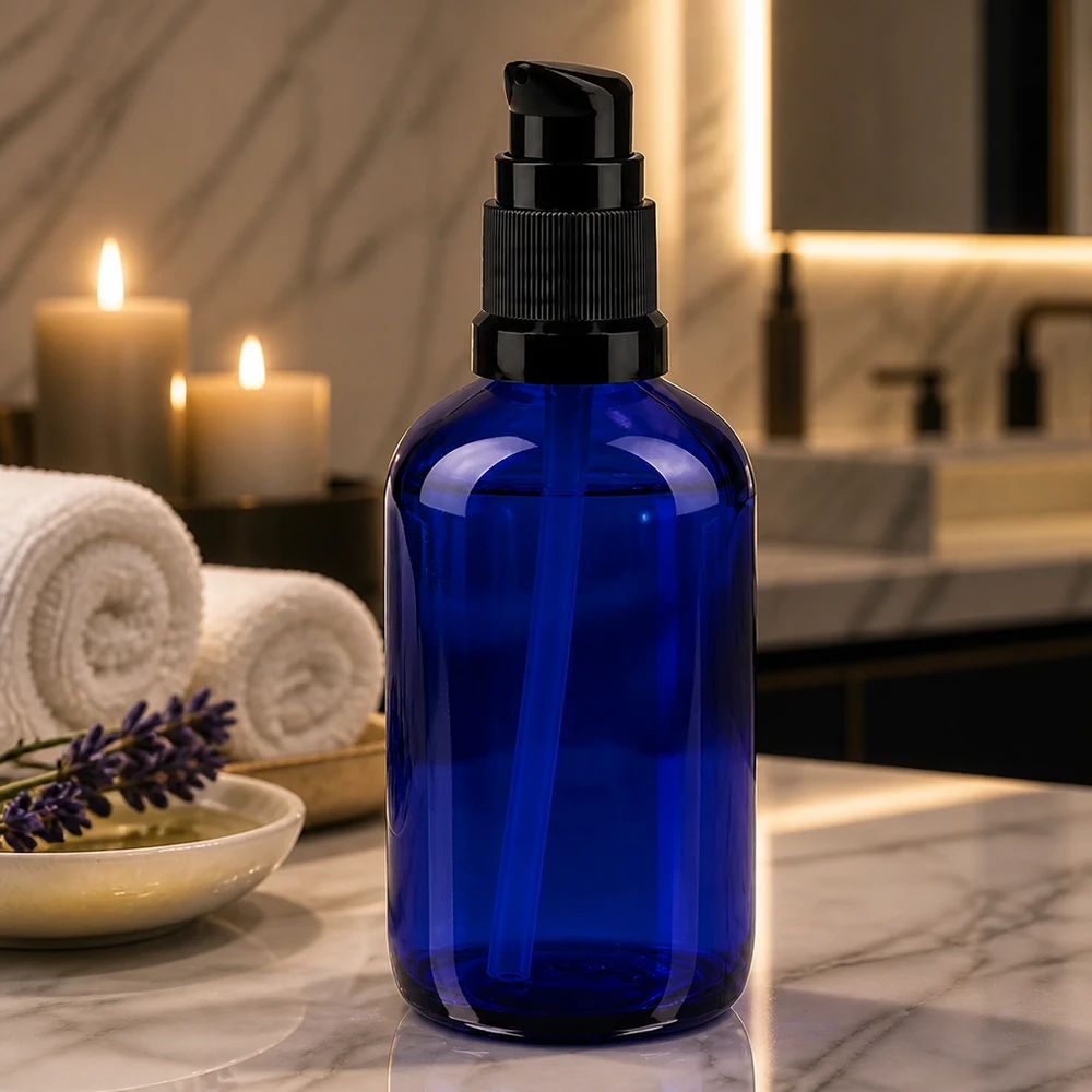 Apothekenflasche blau 100ml PumpVerschluss schwarz Standard Kobaltblaue 100ml ApoGlas Flasche mit schwarzem Pumpkopf in luxuriösem Badezimmer-Ambiente