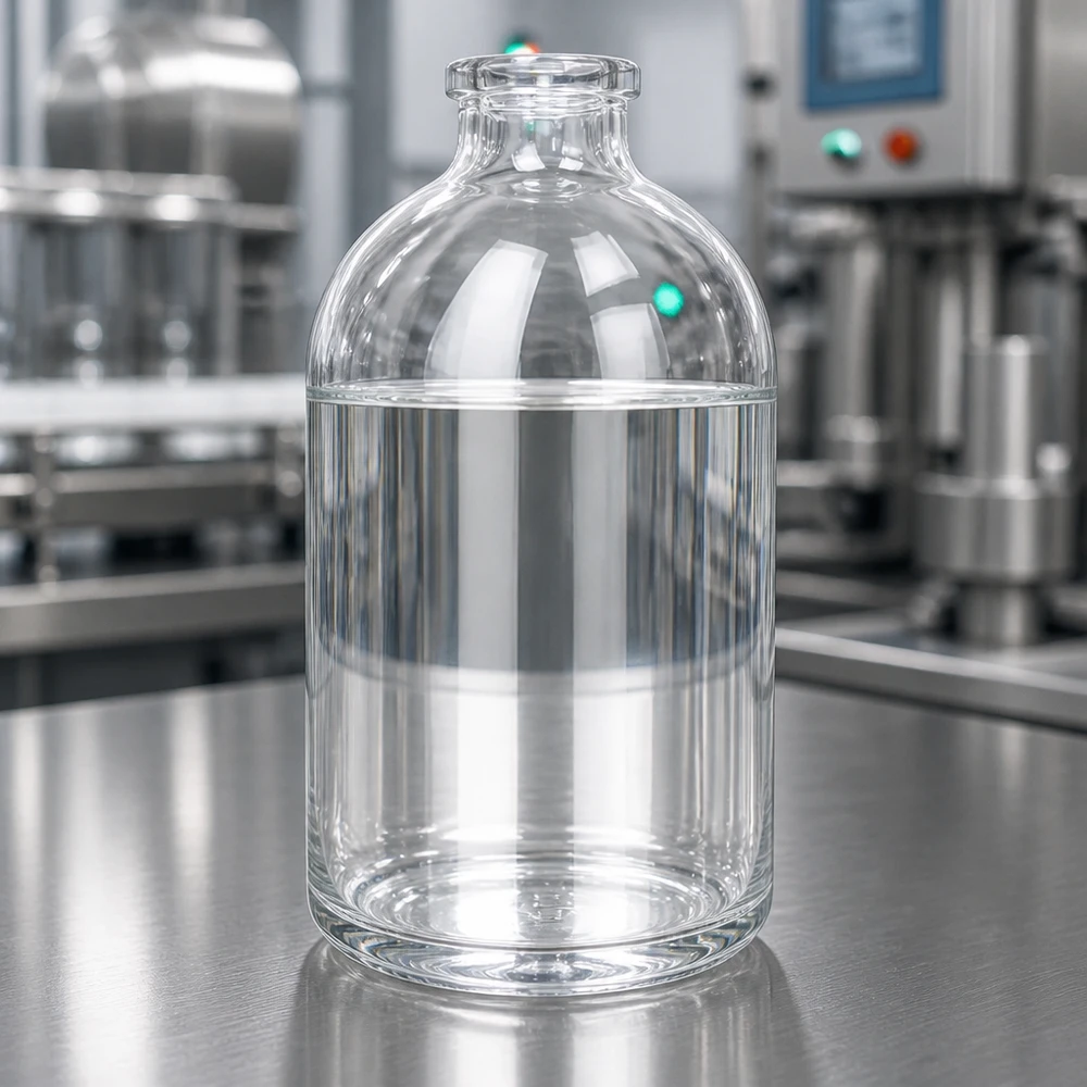 Injektionsflasche 100ml aus Klarglas mit breitem zylindrischem Korpus und engem Flaschenhals