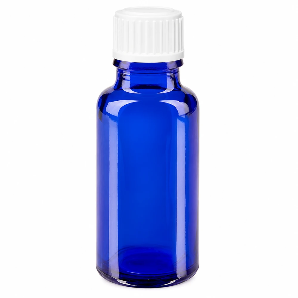 Apothekenflasche blau 20ml Schraubverschluss weiß Globuli Standard Blaue Apothekerflasche 20ml aus hochwertigem Borosilikatglas mit Kindersicherung