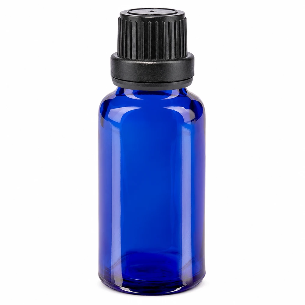Blaue Glasflasche 20ml mit kindersicherem Schraubverschluss schwarz für Apotheke