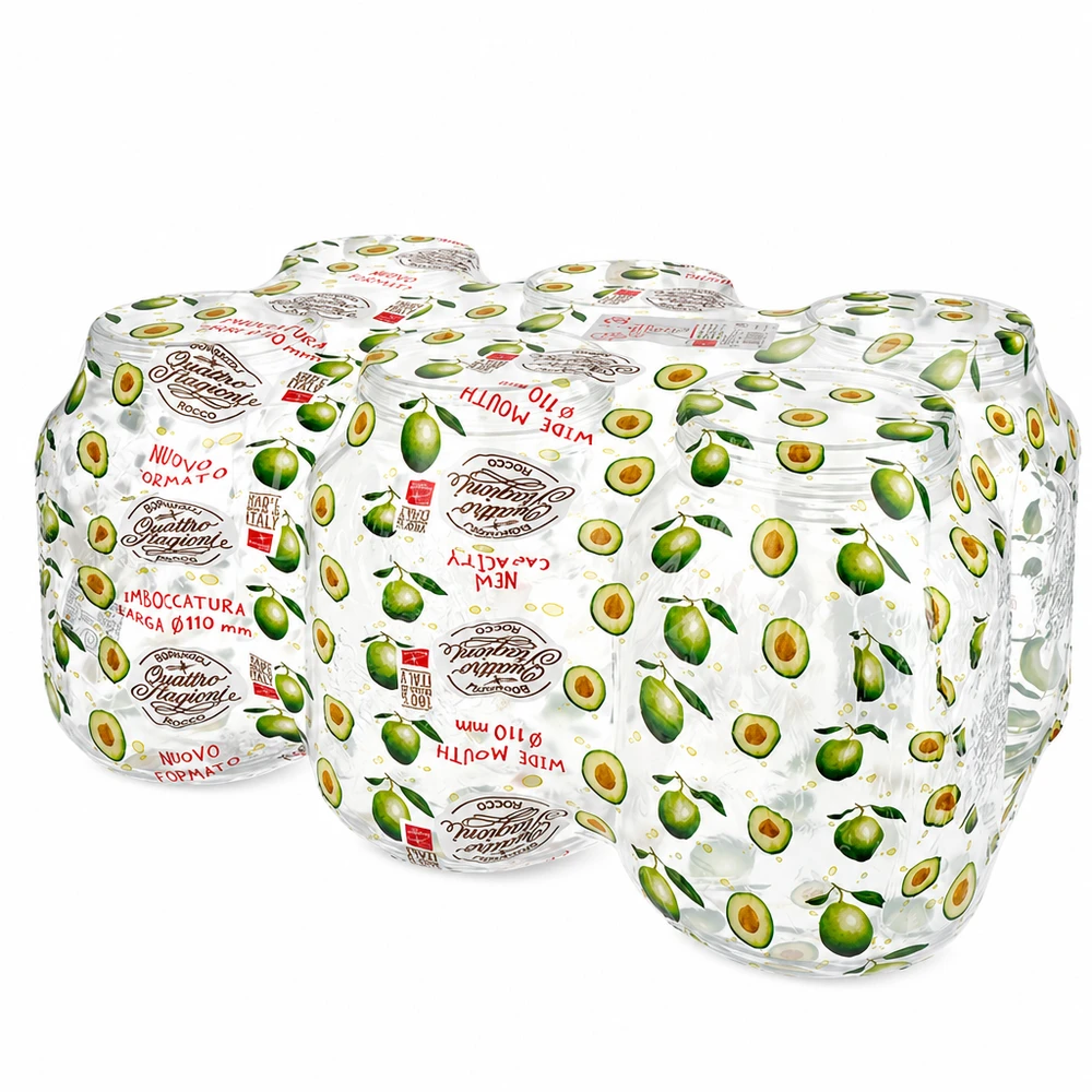 3000ml Quattro Stagioni Rundgläser mit Olivenmuster-Etiketten gestapelt zeigen Größe und Design-Varianten
