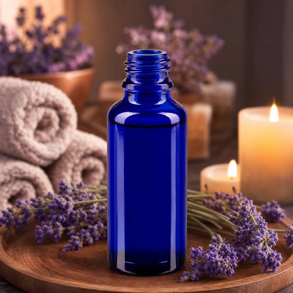 ApoGlas Flasche 30ml mit breiter Standfläche und elegantem Blauton für Aromatherapie