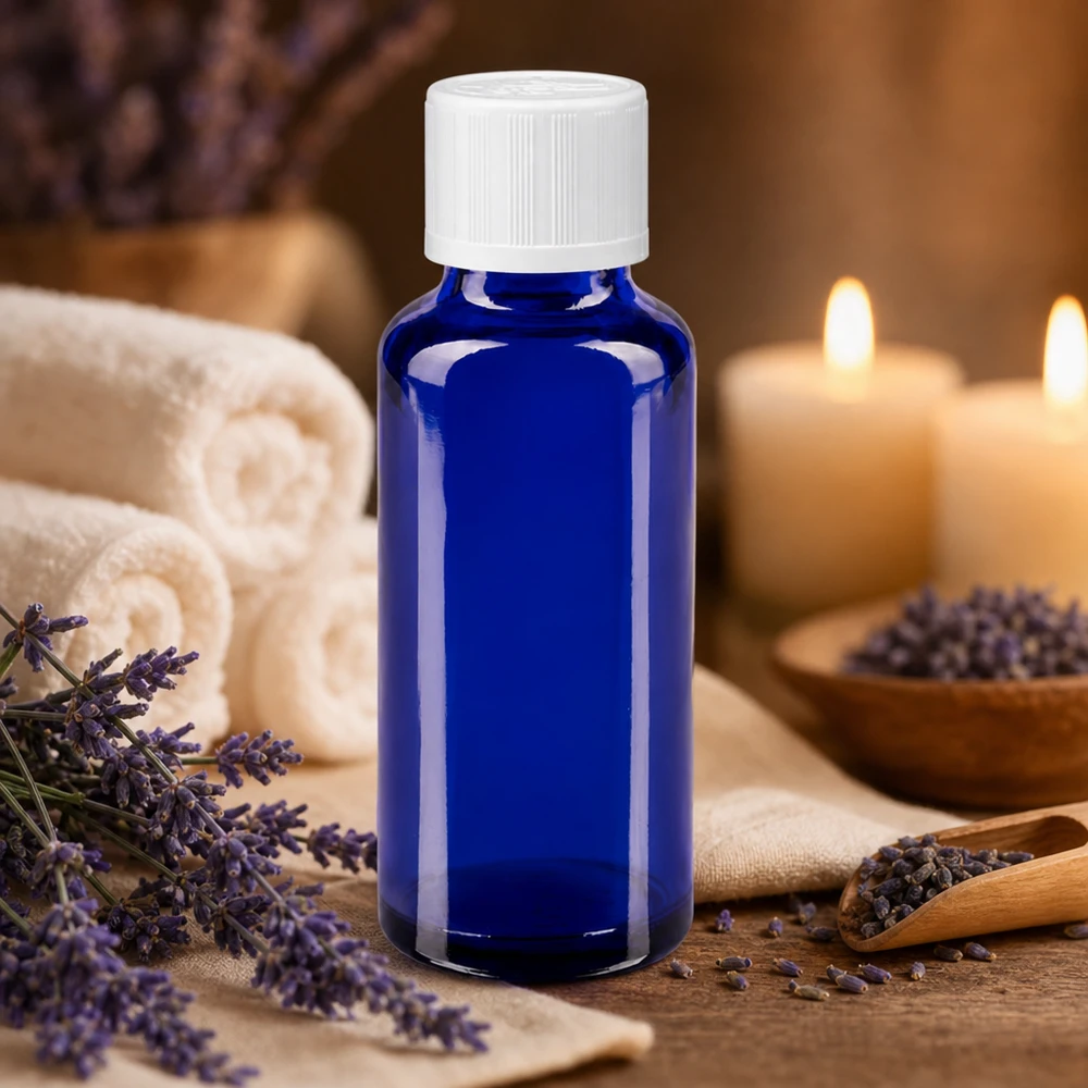 Kobaltblaue Apothekerflasche 30ml mit weißem Schraubverschluss auf Holzoberfläche mit Wellness-Ambiente