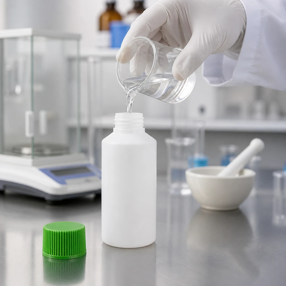 Apothekenflasche HDPE 50ml weiß, mit grünem Schraubverschluss Laborant füllt Flüssigkeit in kleine weiße HDPE Flasche mit grünem Schraubverschluss