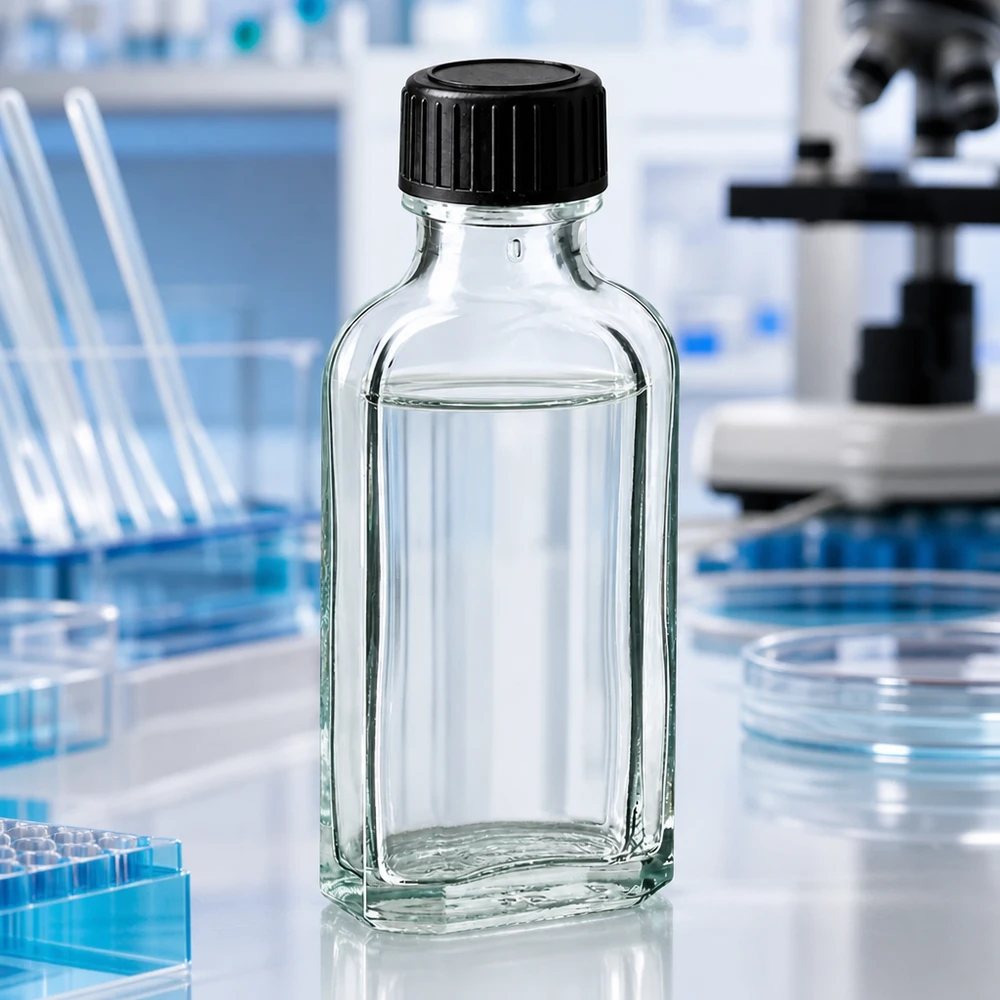 Flachmann-Form Glasflasche 50ml klar mit schwarzem Schraubverschluss für Laboranwendungen