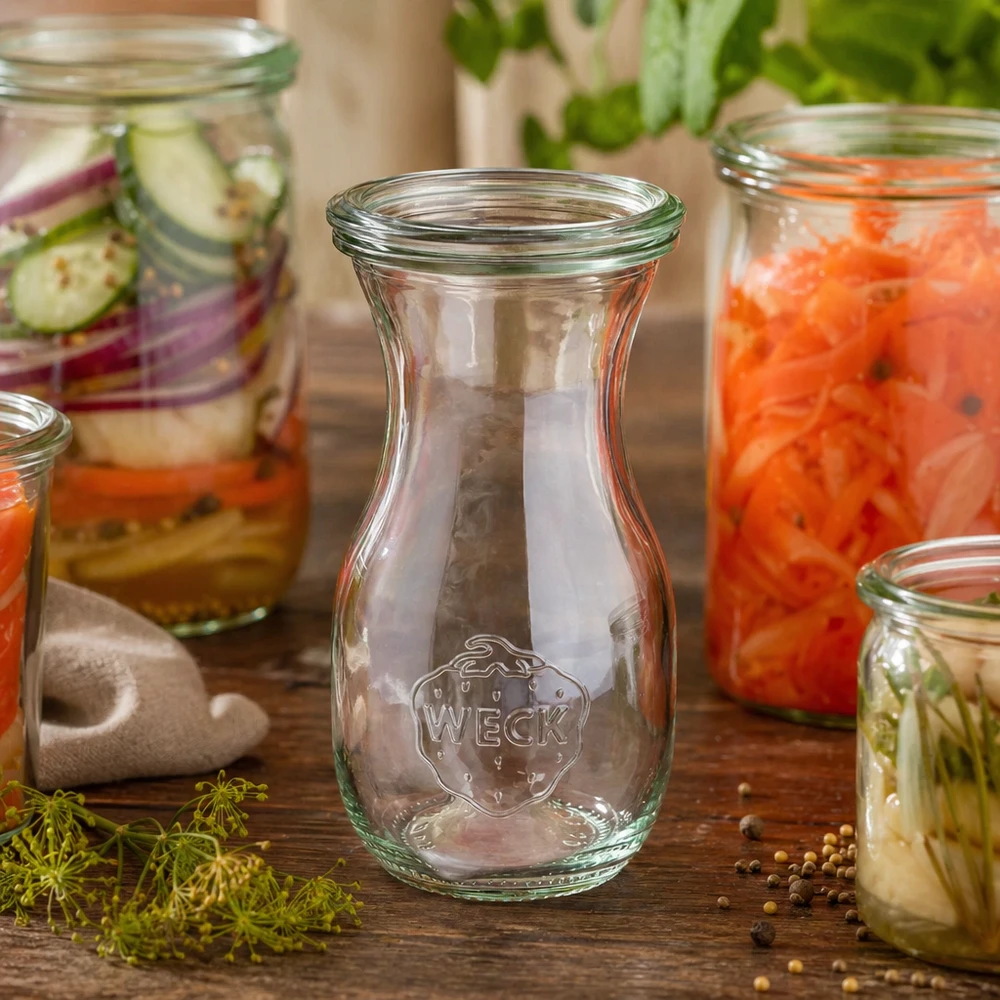 WECK Saftflasche 290ml RR60 leer im Ambiente mit gefüllten Einmachgläsern und frischen Kräutern auf Holztisch