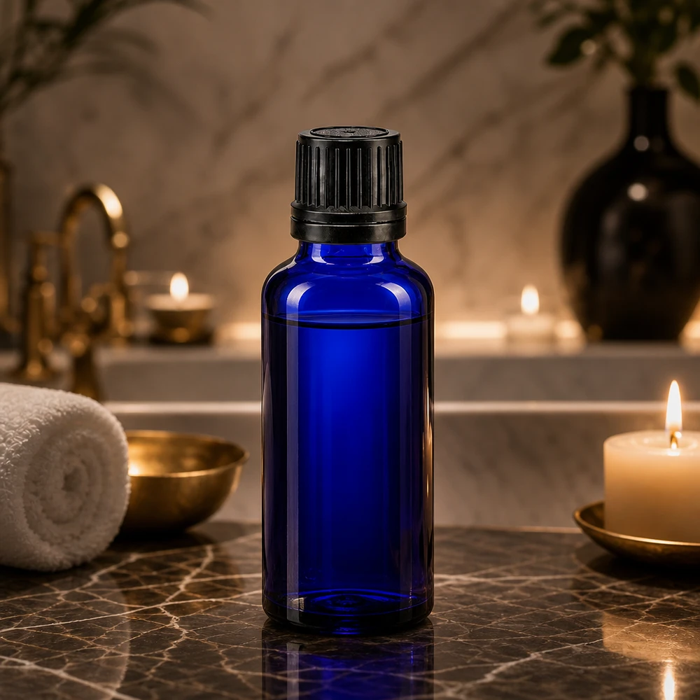 Apothekenflasche blau 30ml Schraubverschluss schwarz Giessring Originalitätsverschluss Blaue Glasflasche 30ml für ätherische Öle mit schwarzem 8mm Originalitätsverschluss