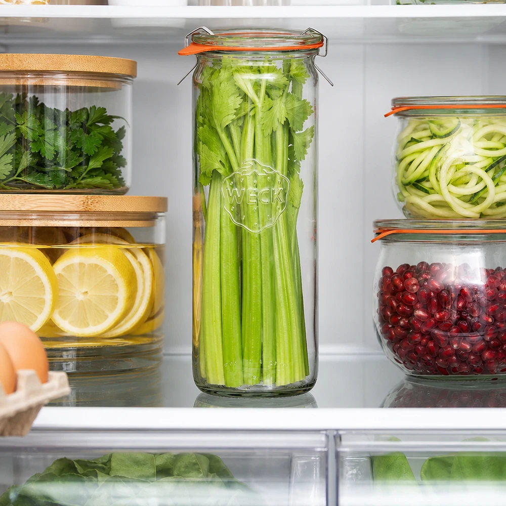 WECK Zylinderglas 600ml RR60 mit Sellerie im Kühlschrank zur optimalen Aufbewahrung frischer Kräuter und Gemüse