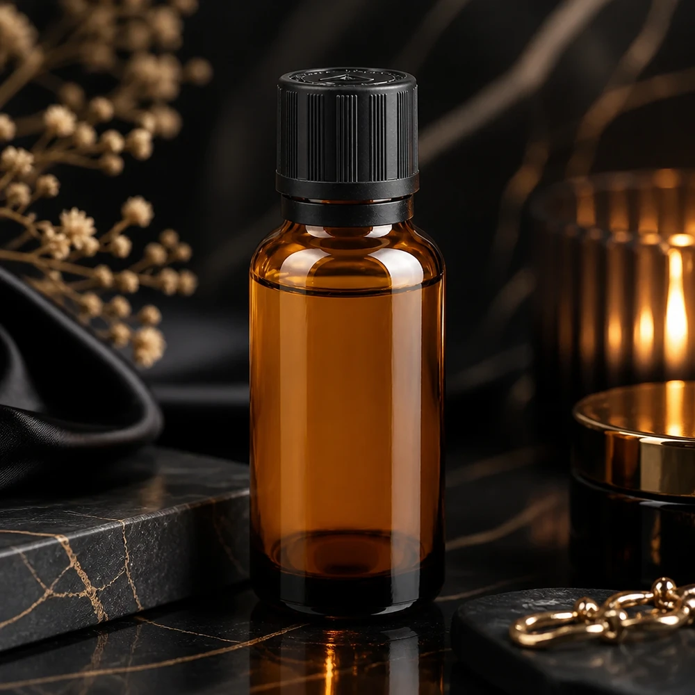 Amber Glasflasche 20ml mit kindersicherem Originalverschluss und goldenem Kerzenlicht Hintergrund