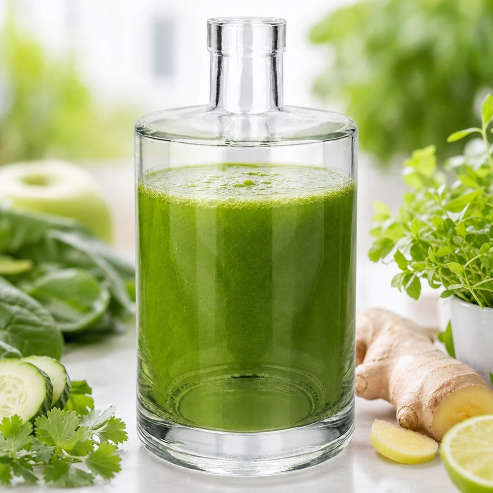 700ml Glasflasche "Galileo" ohne Verschluss UNiTWIST® 700ml Glasflasche Marie mit grünem Smoothie befüllt neben Gurke Ingwer und Kräutern auf hellem Untergrund
