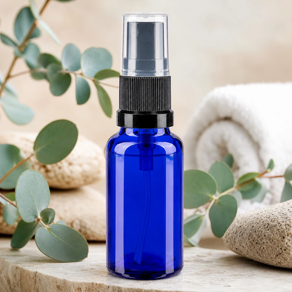 Apothekenflasche blau 20ml Sprayaufsatz schwarz 20ml Apothekerflasche in Blauglas mit Fine-Mist-Sprühkopf für Kosmetik und Aromatherapie