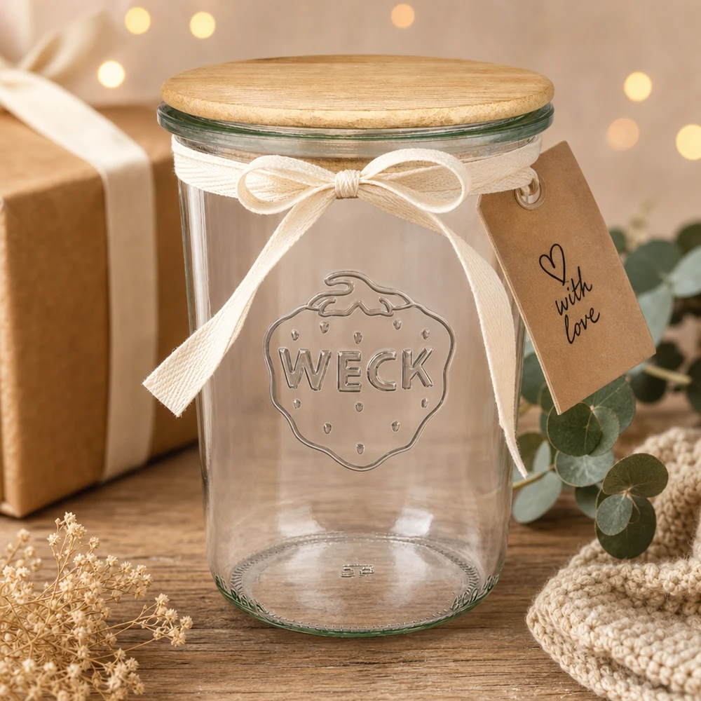 WECK Sturzglas 850ml RR100 Holzdeckel Geschenkverpackung mit Schleife Tag Festliche Dekoration Weihnachten
