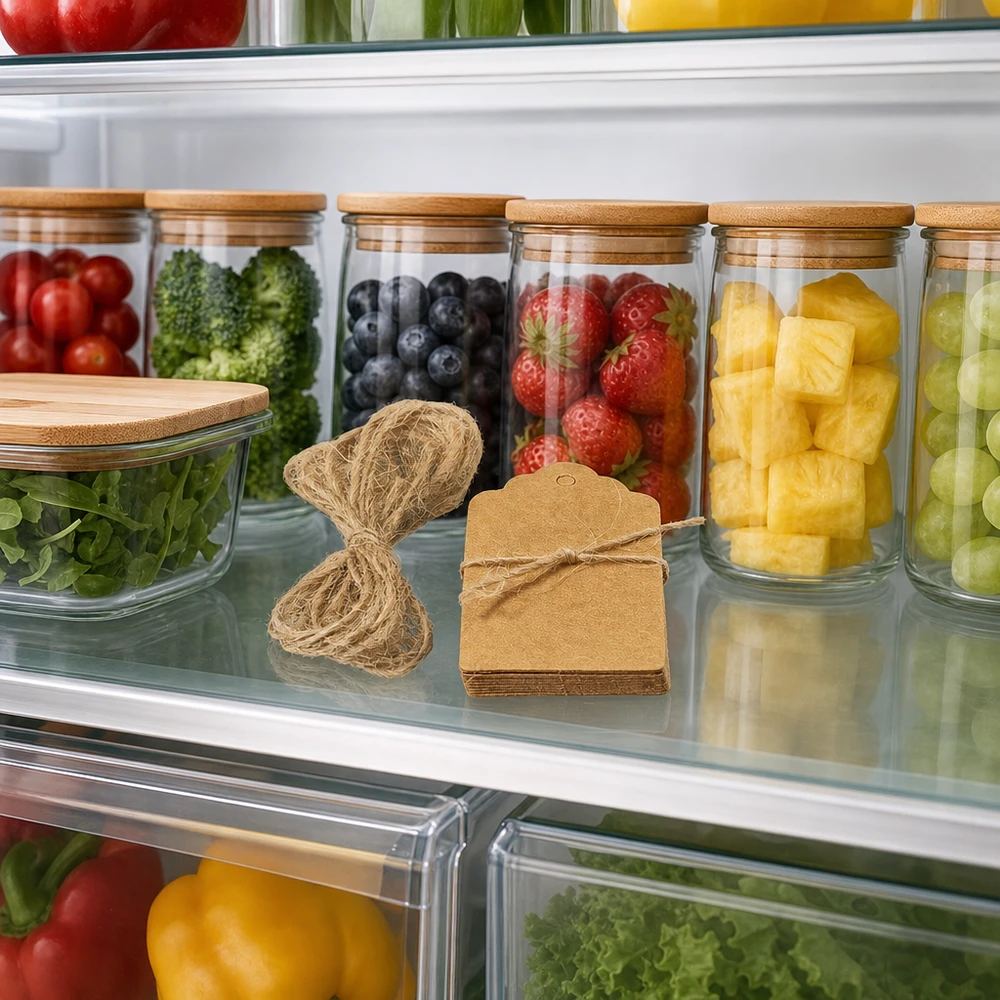 Braune Kraftpapier-Anhänger mit Naturfaserkordel zur Beschriftung von Vorratsgläsern im Kühlschrank
