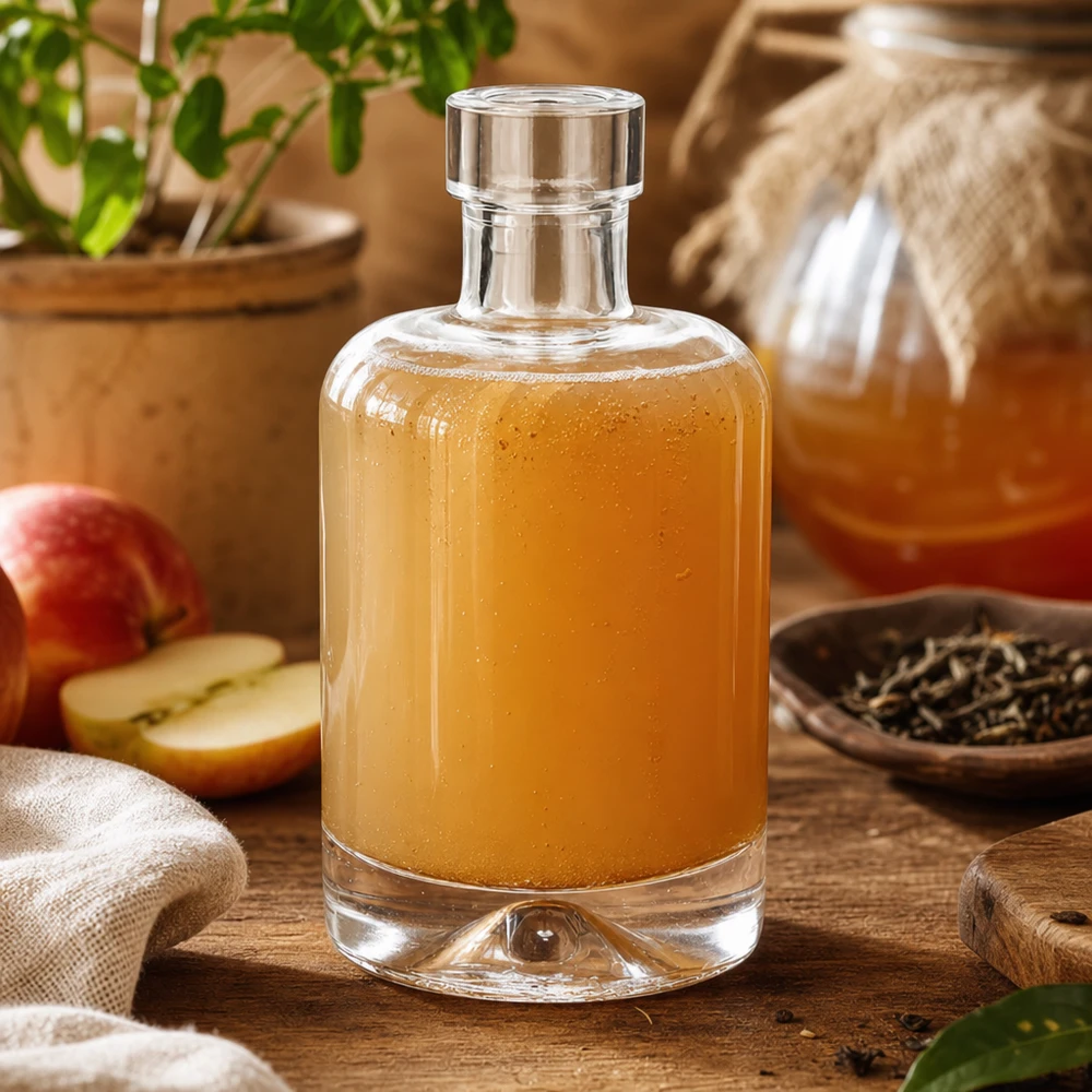 50ml Glasflasche Amelie mit Apfelessig befüllt neben Apfelscheiben und Gewürzen zeigt Verwendung für Essig und Vinaigret