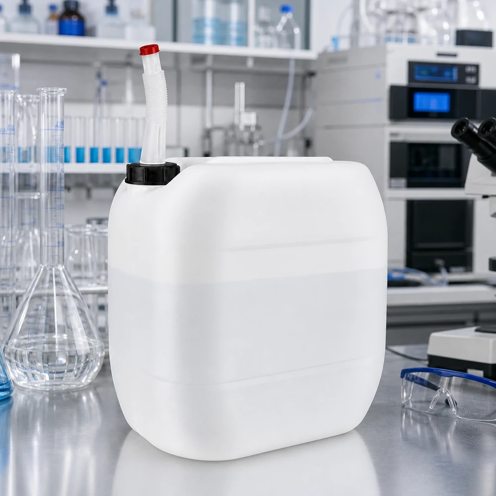 Kanister 30 Liter mit Auslaufrohr Flex Quadratischer HDPE-Kanister 30 Liter mit flexiblem Auslaufrohr in Laborumgebung