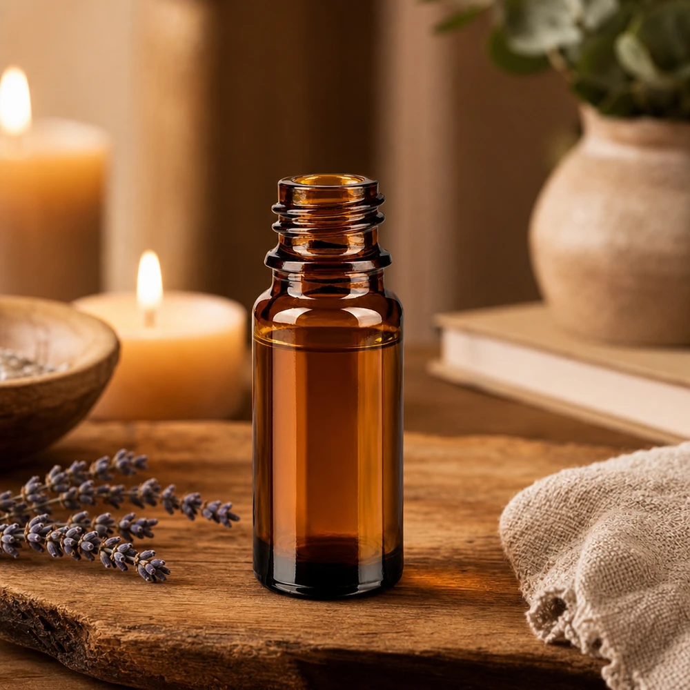 Tropfflasche 10 ml DIN 18 aus Braunglas 10ml braune Apothekenflasche ApoGlas mit Lavendelblüten Kerzen und Aromatherapie-Zubehör auf Holztablett