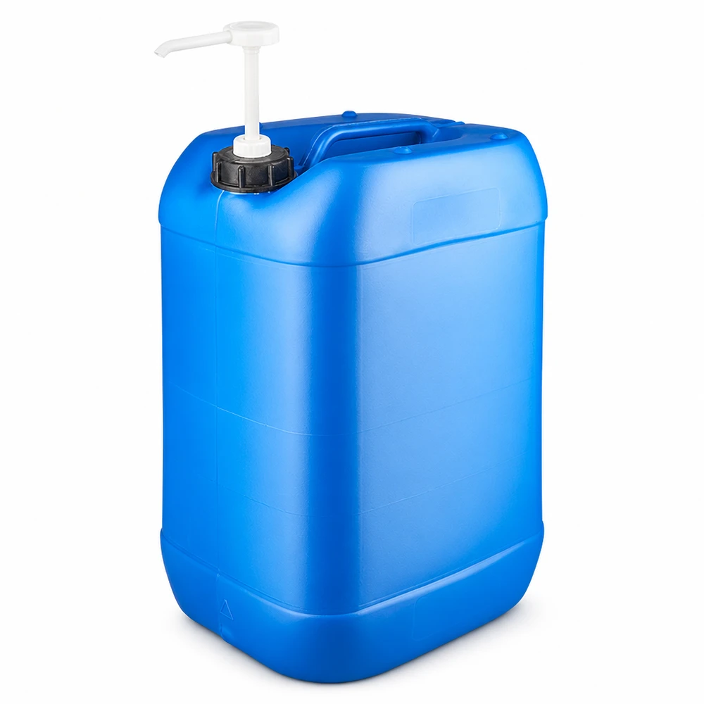 Kanister 25 Liter blau mit Dosierpumpe Rechteckiger HDPE Kanister 25L in Blau mit Pumpenaufsatz und schwarzem Schraubverschluss
