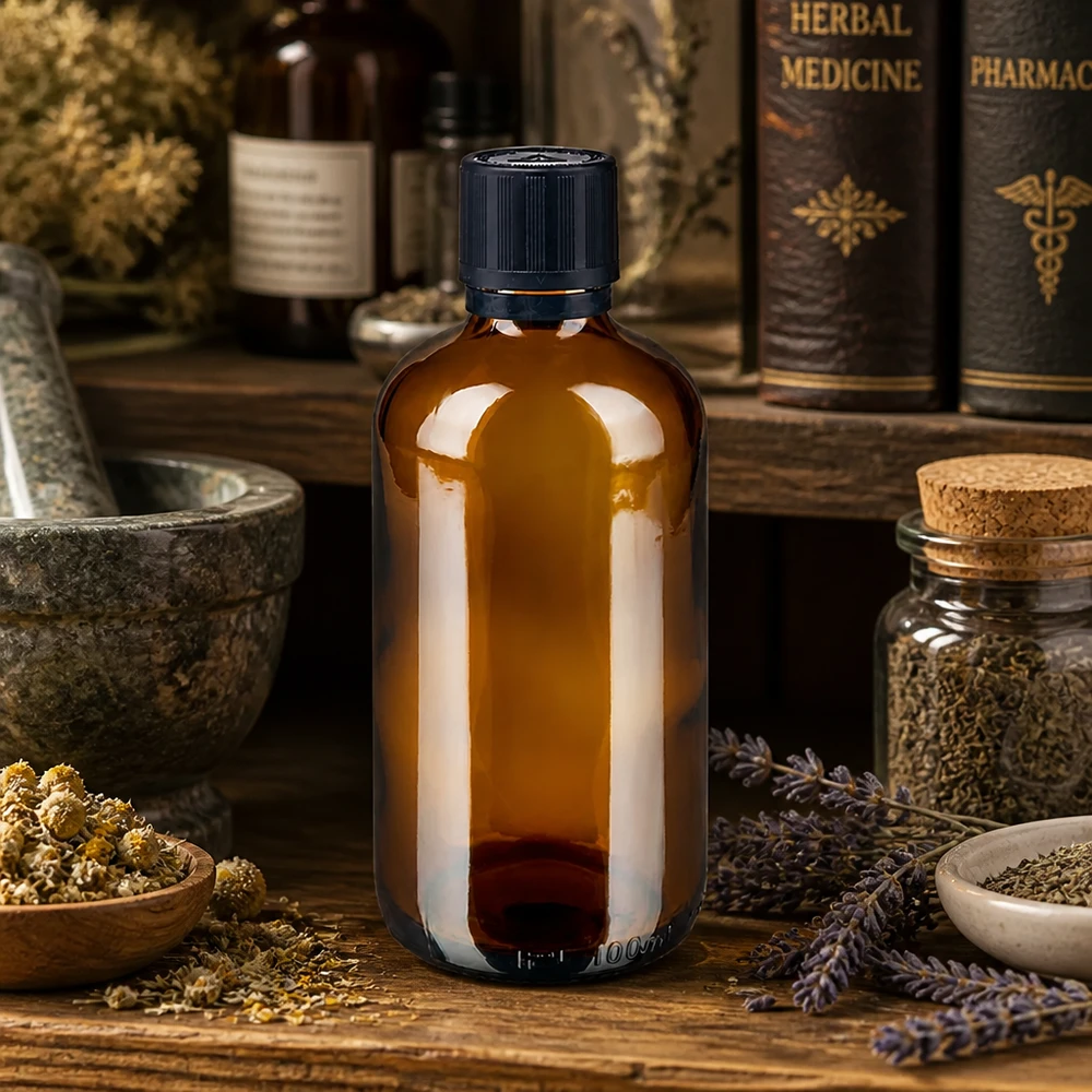 100ml Apothekerflasche aus Braunglas mit OV und Kindersicherung zwischen getrockneten Heilkräutern