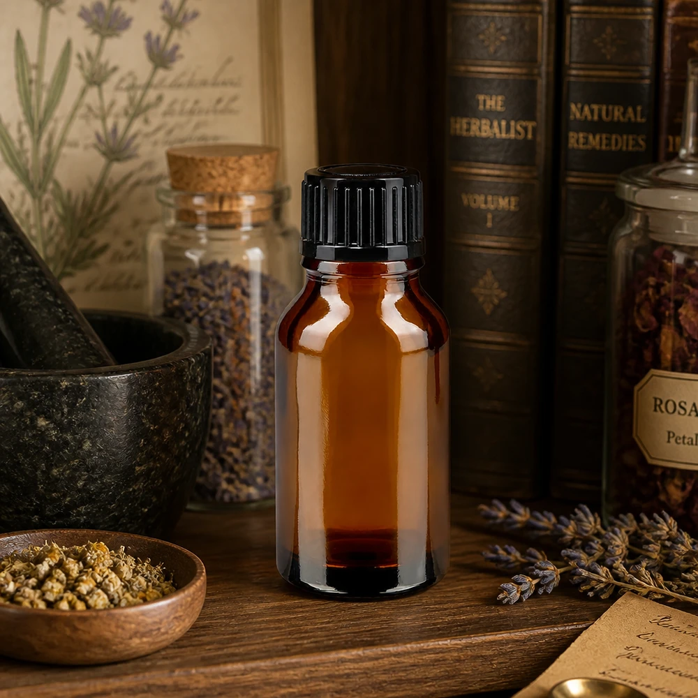 Apothekenbraunglas 15ml mit schwarzem Dosierverschluss 1mm für Naturheilkunde und Herbalmedizin
