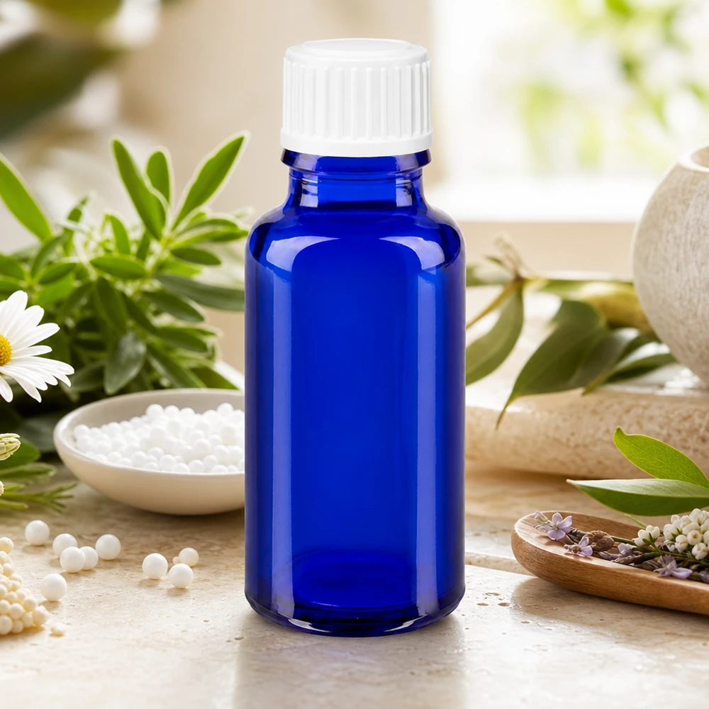 UV-geschützte blaue Homöopathie-Flasche 20ml mit 3mm Öffnung und weißem Schraubdeckel