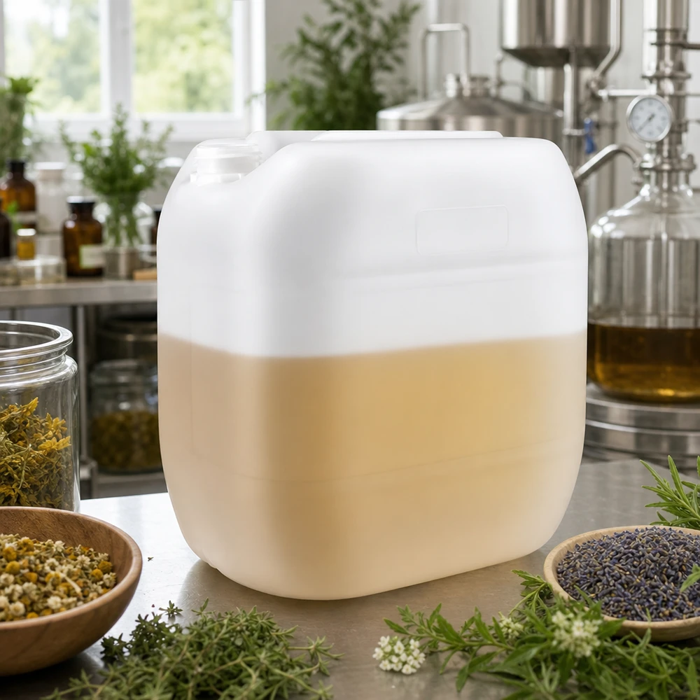 Kanister 30 Liter ohne Verschluss 30 Liter Kanister ohne Verschluss umgeben von Kräutern Kamille und Lavendel in Produktion